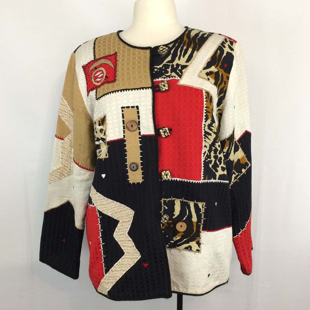 Alex Kim Red Black Tan Geometric Patchwork Blazer